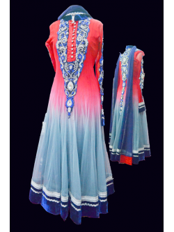 Red and Grey Shaded Anarkali Churidar Suit
